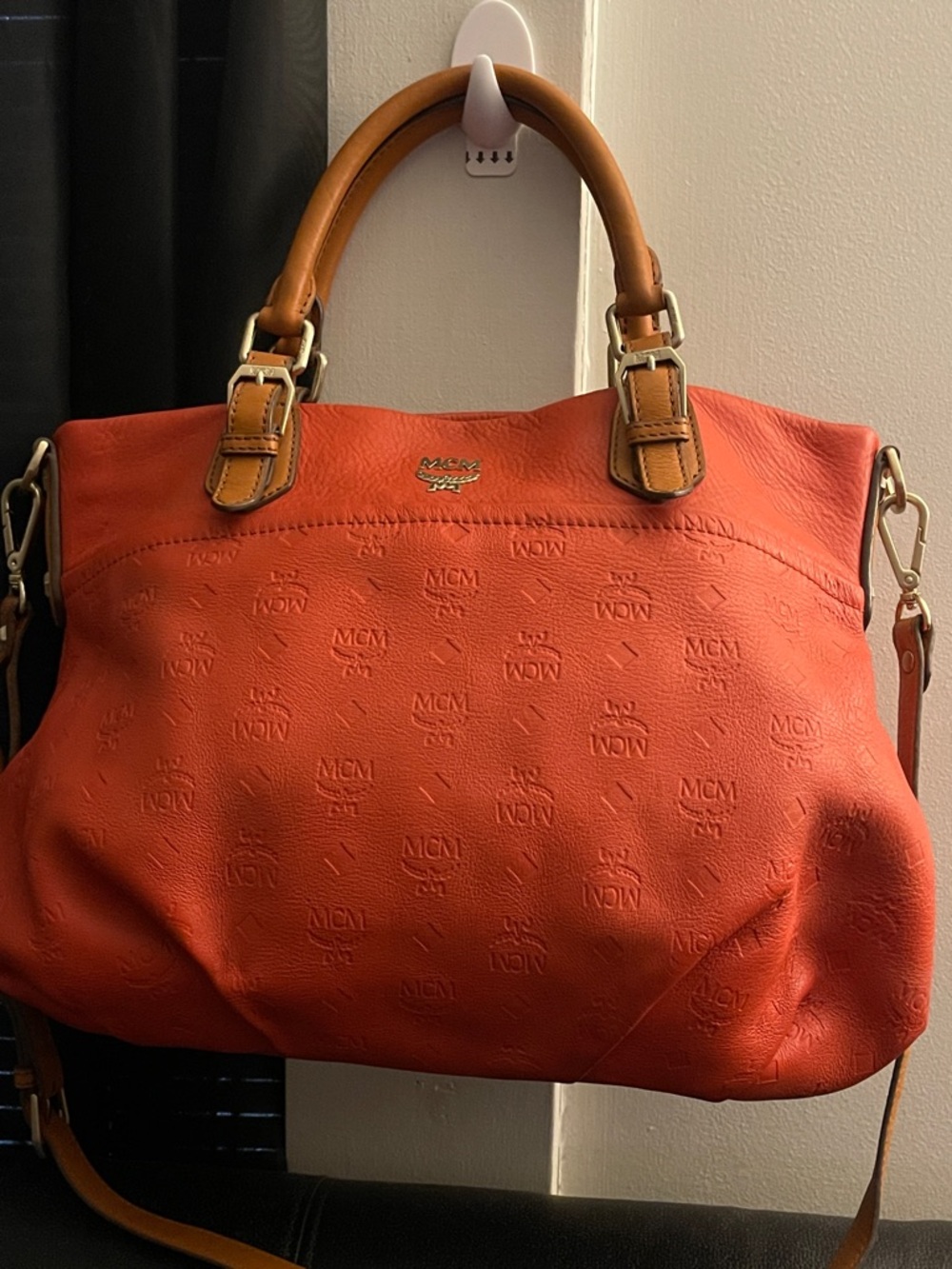 MCM Orange Embossed Leather Medium Two-way Bag W/ Detachable Strap EUC